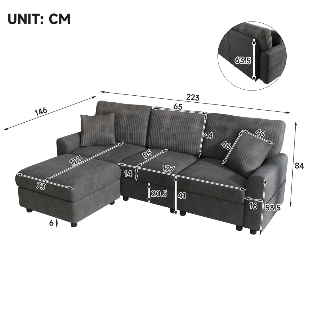 Divano 223x146 cm in ciniglia e velluto a coste grigio con USB e USB-C