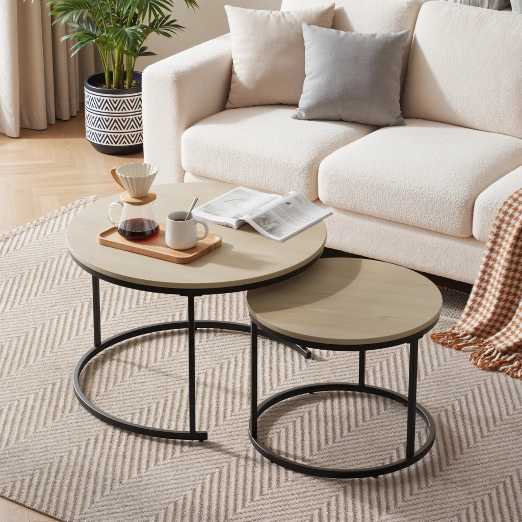 Set 2 Tavolini da Salotto Rotondi a Incastro 70 cm e 50 cm; Metallo e Legno Effetto Rovere; Salvaspazio