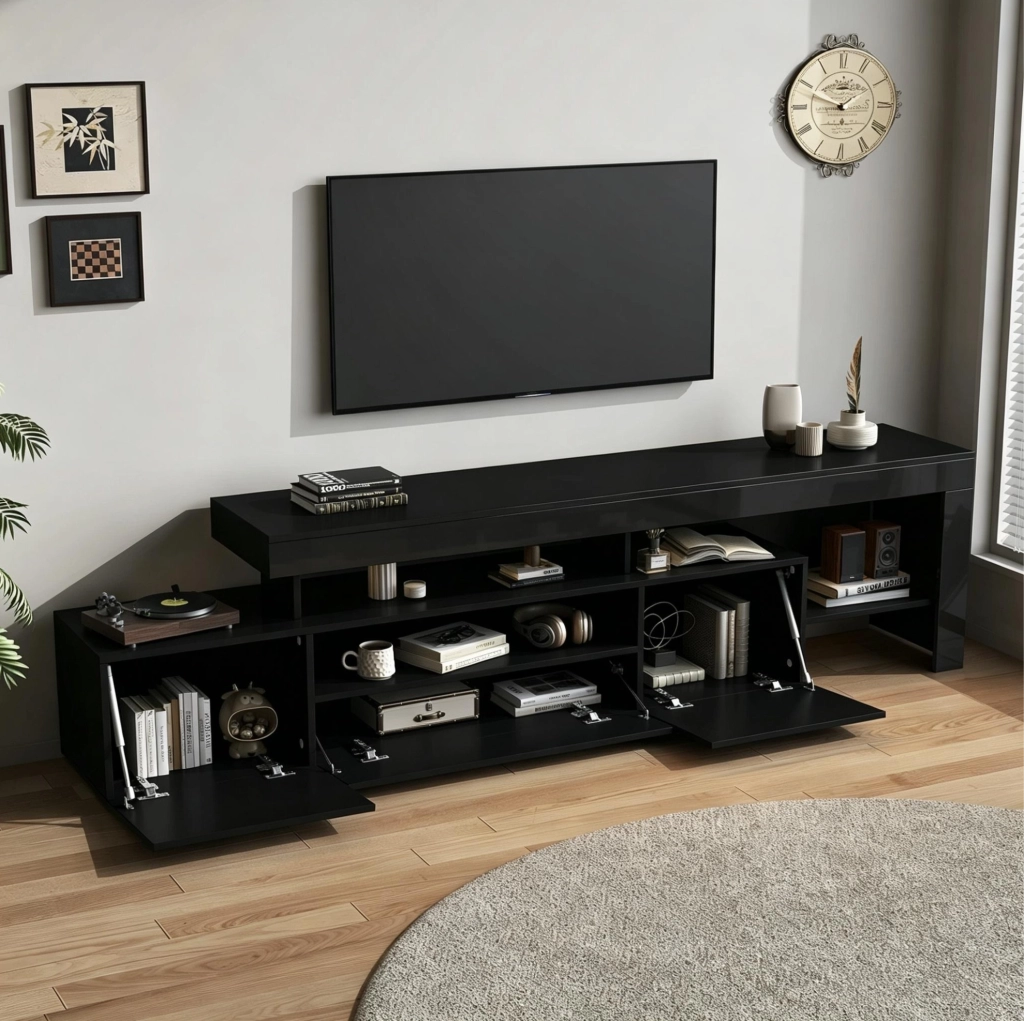 Mobile TV IVMEU 192x37x53 cm con 3 ante a ribalta e LED, frontale nero lucido, per TV fino a 85 pollici