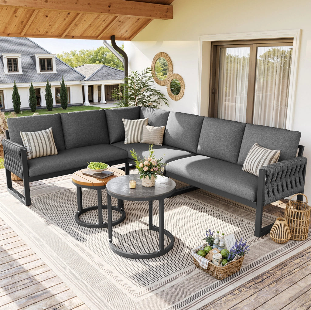 Set lounge da giardino ULEVR modulare grigio con 3 divani, 2 tavolini e cuscini sfoderabili