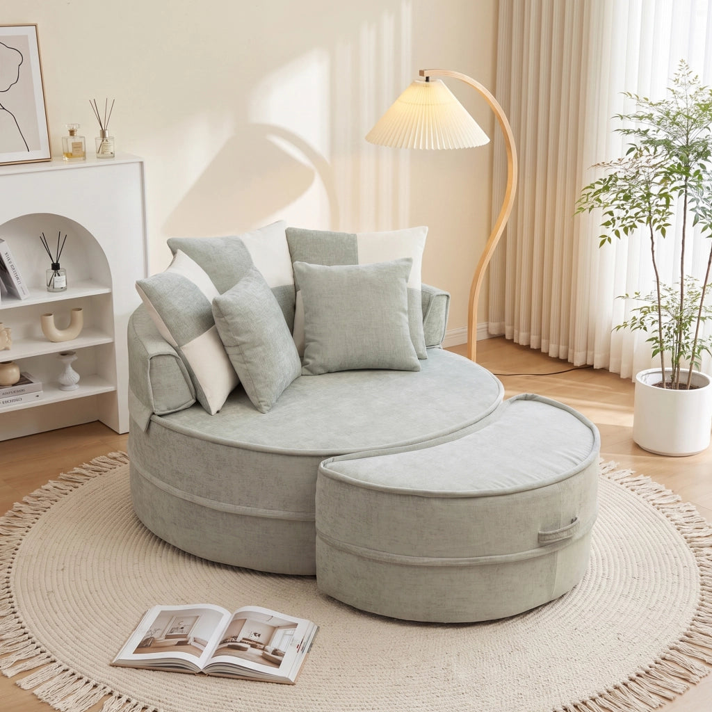 Poltrona chaise longue rotonda 121 cm con pouf e 5 cuscini; schiuma e rivestimento in ciniglia verde menta