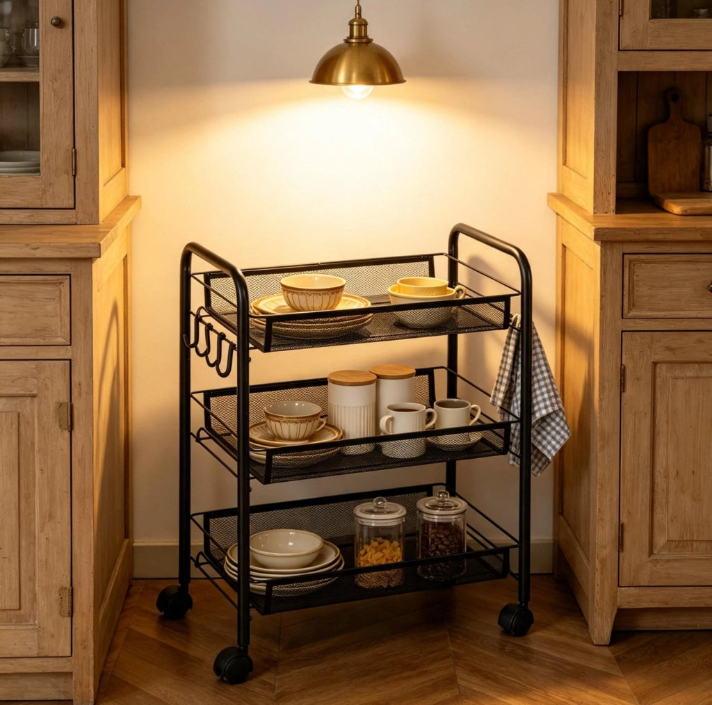 Carrello da cucina a 3 livelli in acciaio con cestini rimovibili e ganci, nero, 45x26,5x63 cm