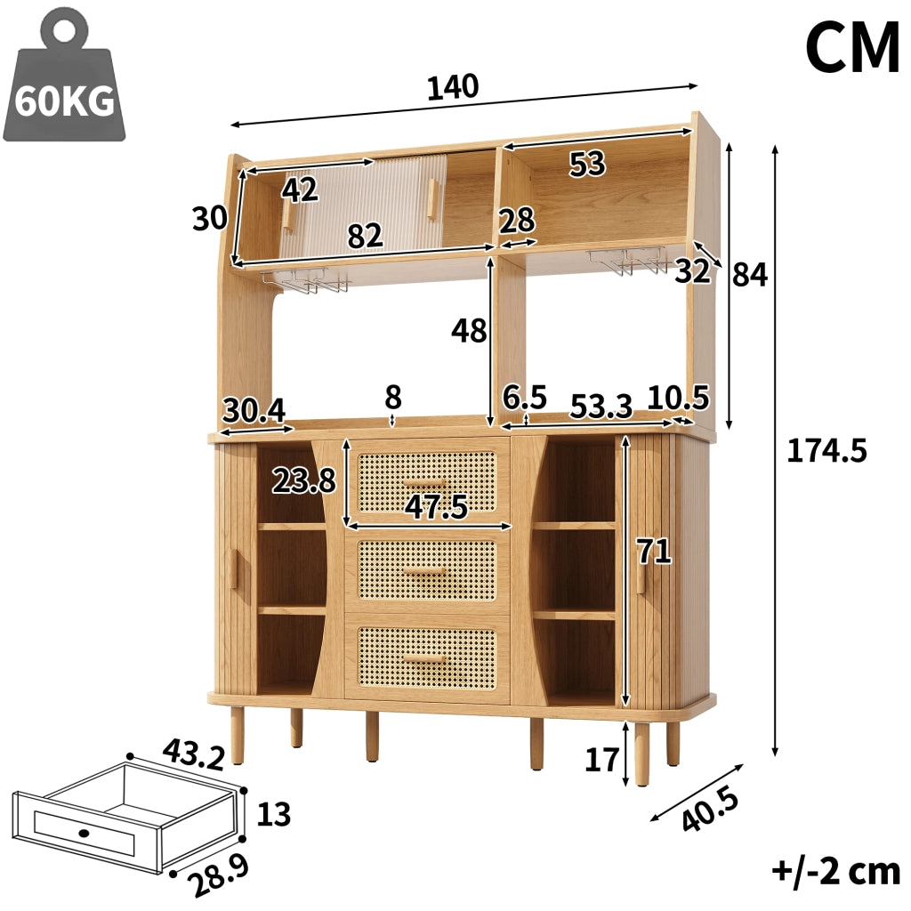 Credenza 140 × 40,5 × 174,5 cm con ante scorrevoli in vetro 3 cassetti effetto rattan MDF metallo effetto legno
