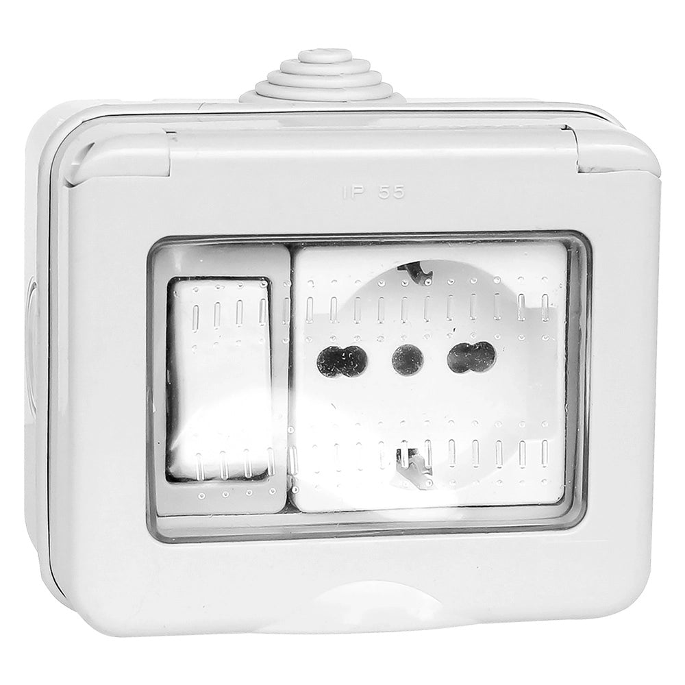 CONTENITORE ESTERNO INTERRUTTORE + PRESA / SCHUKO 1 deviatore + 1 presa bivalente 10/16A / schuko