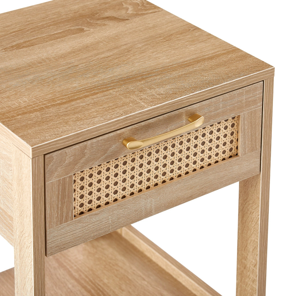 Comodino con 1 cassetto, finitura effetto rattan, in MDF naturale, per camera da letto e soggiorno, 40 × 40 × 55 cm
