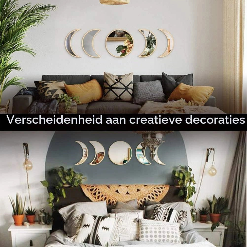 5 specchi acrilici a forma di fasi lunari, effetto legno, decorazione da parete in stile bohémien, 26,5 cm