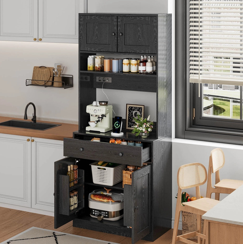 Mobile alto da cucina nero 72 × 40 × 180 cm con LED e prese USB