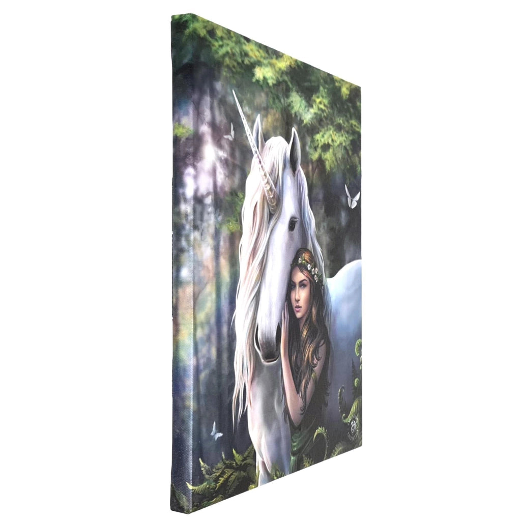 "Waldmädchen" - Stampa su tela, 26x19 cm. Soggetto: ragazza dei boschi, unicorno, fantasia