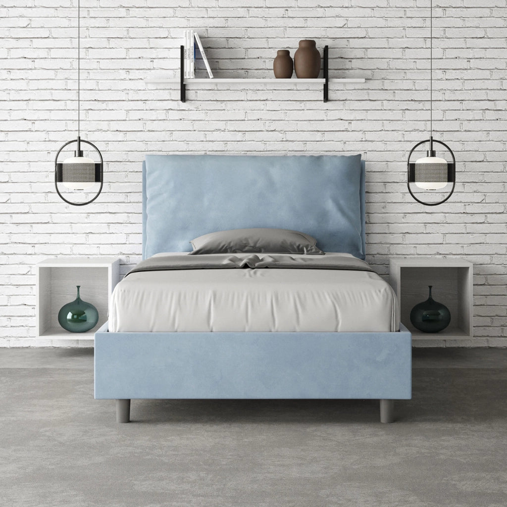 Letto una piazza e mezza rivestito in Microfibra con cuscini xl 120x210 Con Rete Antea Large Azzurro