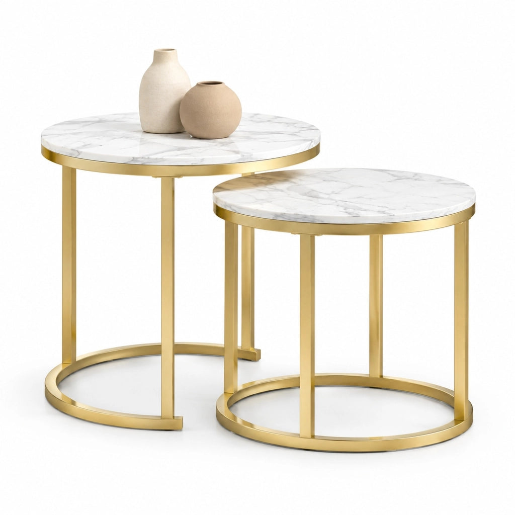 Set di 2 Tavolini da Caffè， Rotondo Ø50 x 50，5 cm e Ovale 60 x 36 x 43，5 cm， in MDF Bianco， con Struttura Impilabile