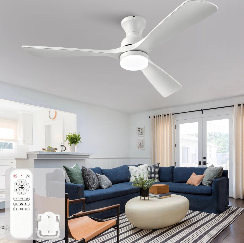 Ventilatore da soffitto IVMEU bianco con luce LED, 3 pale in legno massello, telecomando e 6 velocit¨¤
