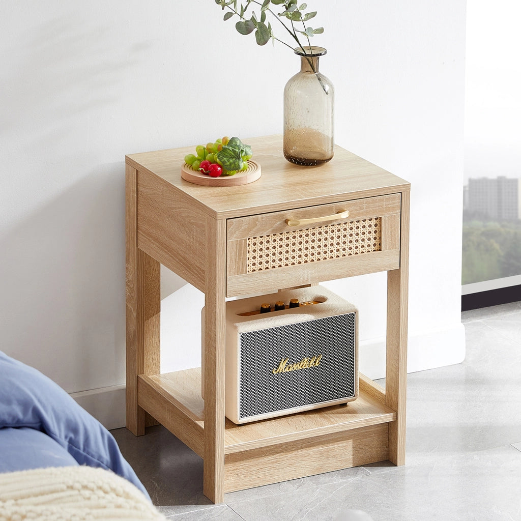 Comodino con 1 cassetto, finitura effetto rattan, in MDF naturale, per camera da letto e soggiorno, 40 × 40 × 55 cm