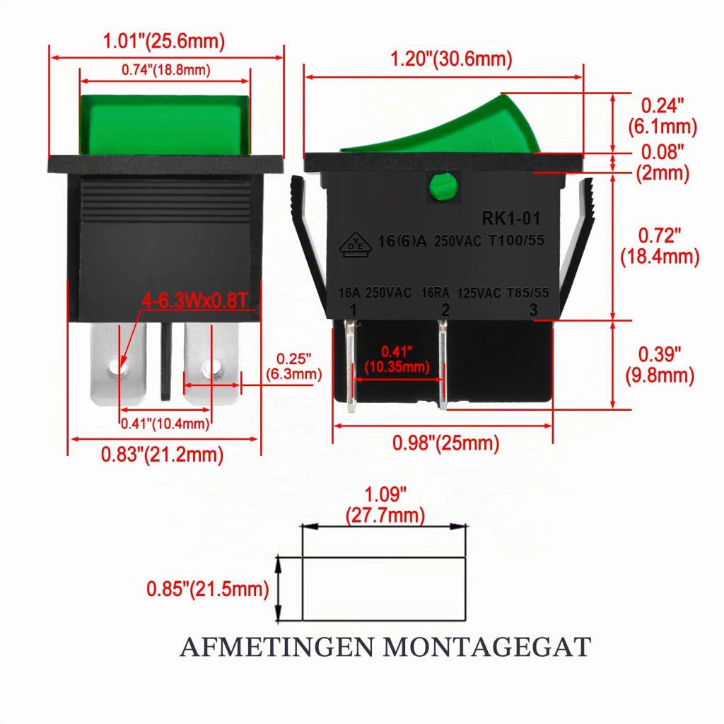 Interruttore a levetta DPST, 16 A, 250 V AC, verde illuminato, 2 pezzi.