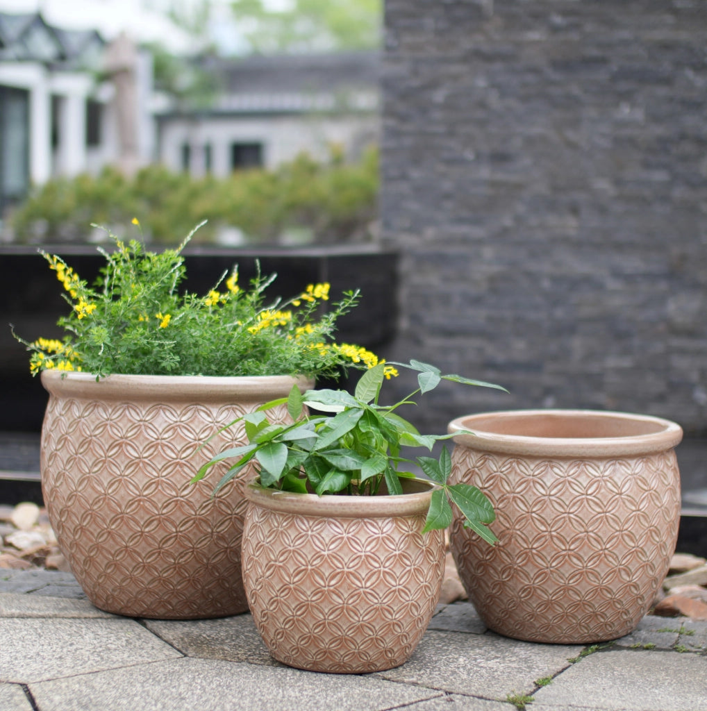 Vaso per piante IVMEU in ceramica ? 38,5 cm, beige lucido con motivo a rilievo per interni ed esterni