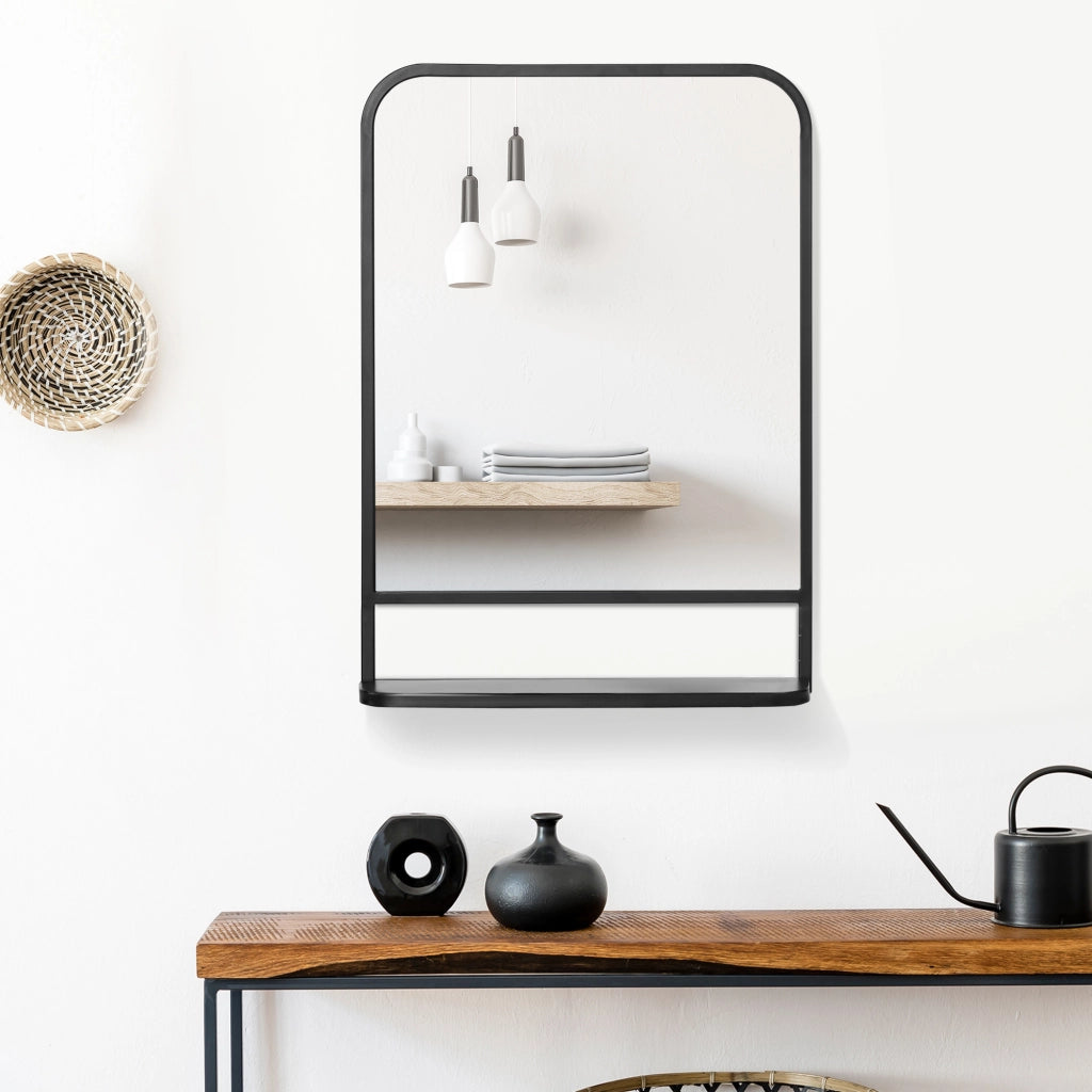 Specchio semplice da parete con mensola e angoli arrotondati, ferro nero, 70×10.2×50 cm