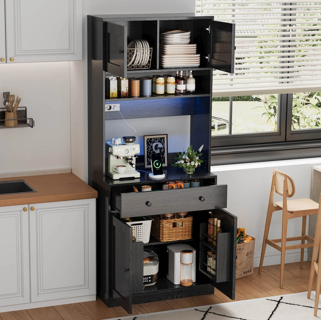 Mobile alto da cucina nero 72 × 40 × 180 cm con LED e prese USB