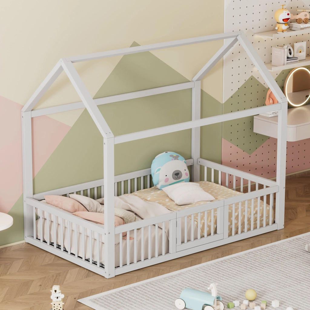 Letto per bambini a casetta 90x200 cm con barriera di sicurezza e porticina; pino bianco; 15 doghe
