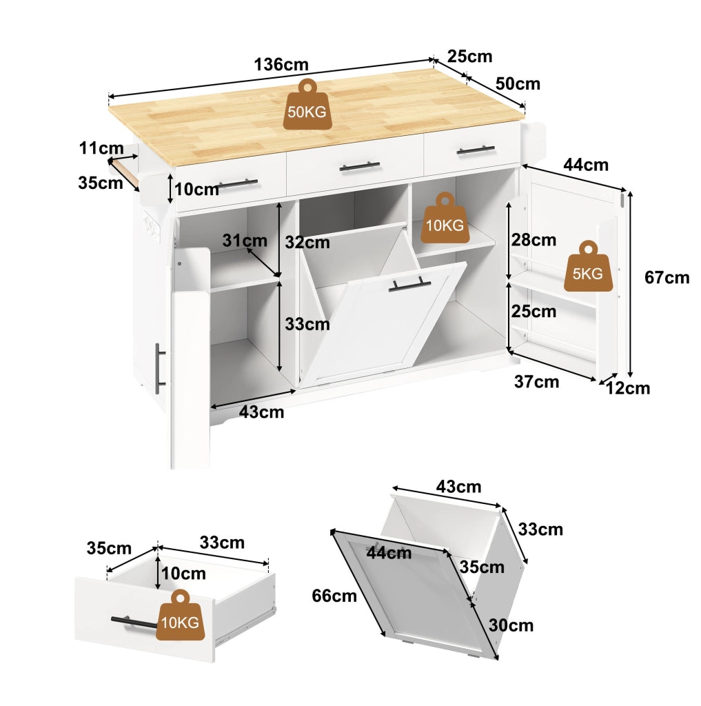 Isola cucina mobile con piano lavoro ribaltabile, carrello con 3 grandi cassetti, 2 armadietti e cassonetto per rifiuti, 136×50(75)×92 cm
