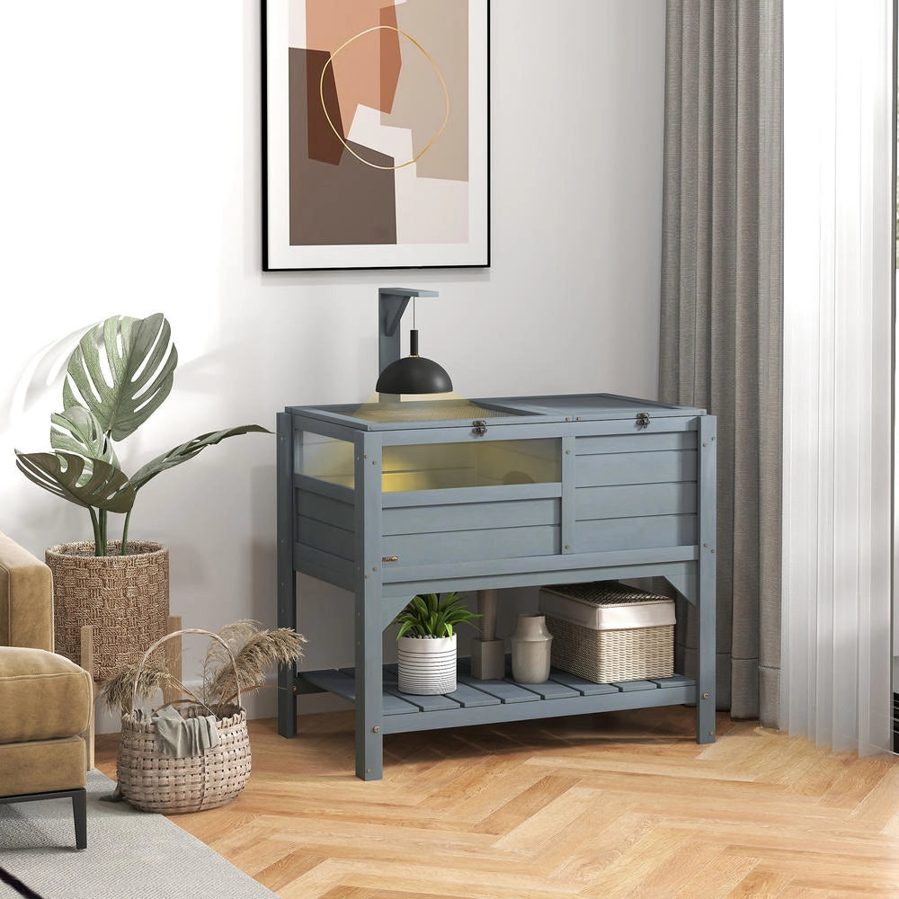 Casetta recinto per tartarughe su gambe in legno di abete con ripiano portaoggetti, tetto apribile 103H x 84L x 51l cm
