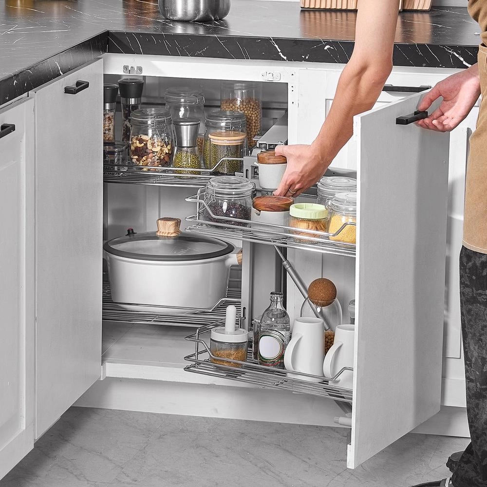 Organizzatore per Angolo Cieco Estraibile, 2 Livelli e 4 Ripiani, Cestino Portaoggetti Acciaio Cromato Pratico per Mobile Cucina, 860 x 535 x 560 mm