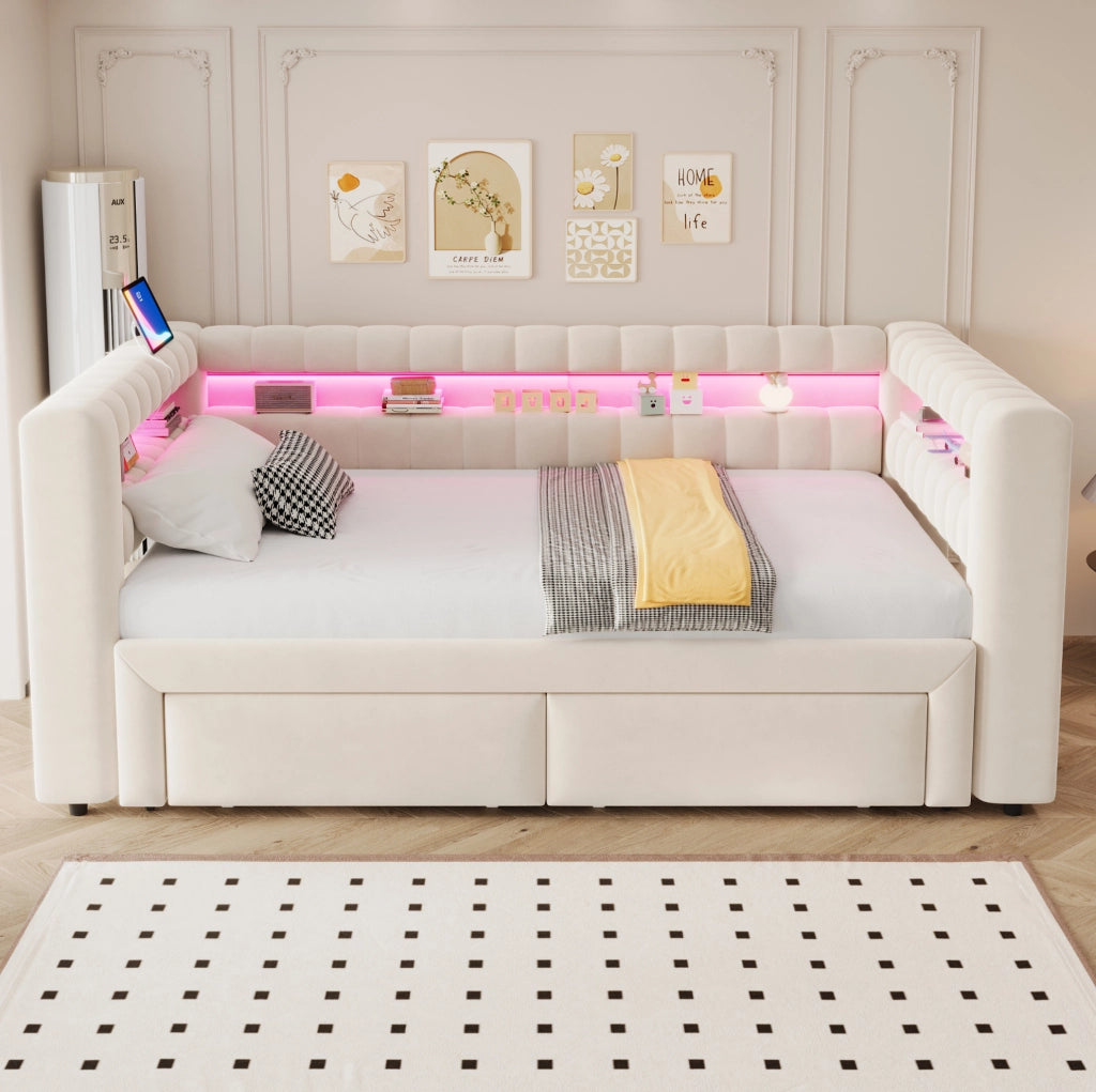 Divano letto estraibile IVMEU 90x190/180x190 cm con 2 cassetti, LED e prese USB e Type-C, in velluto beige