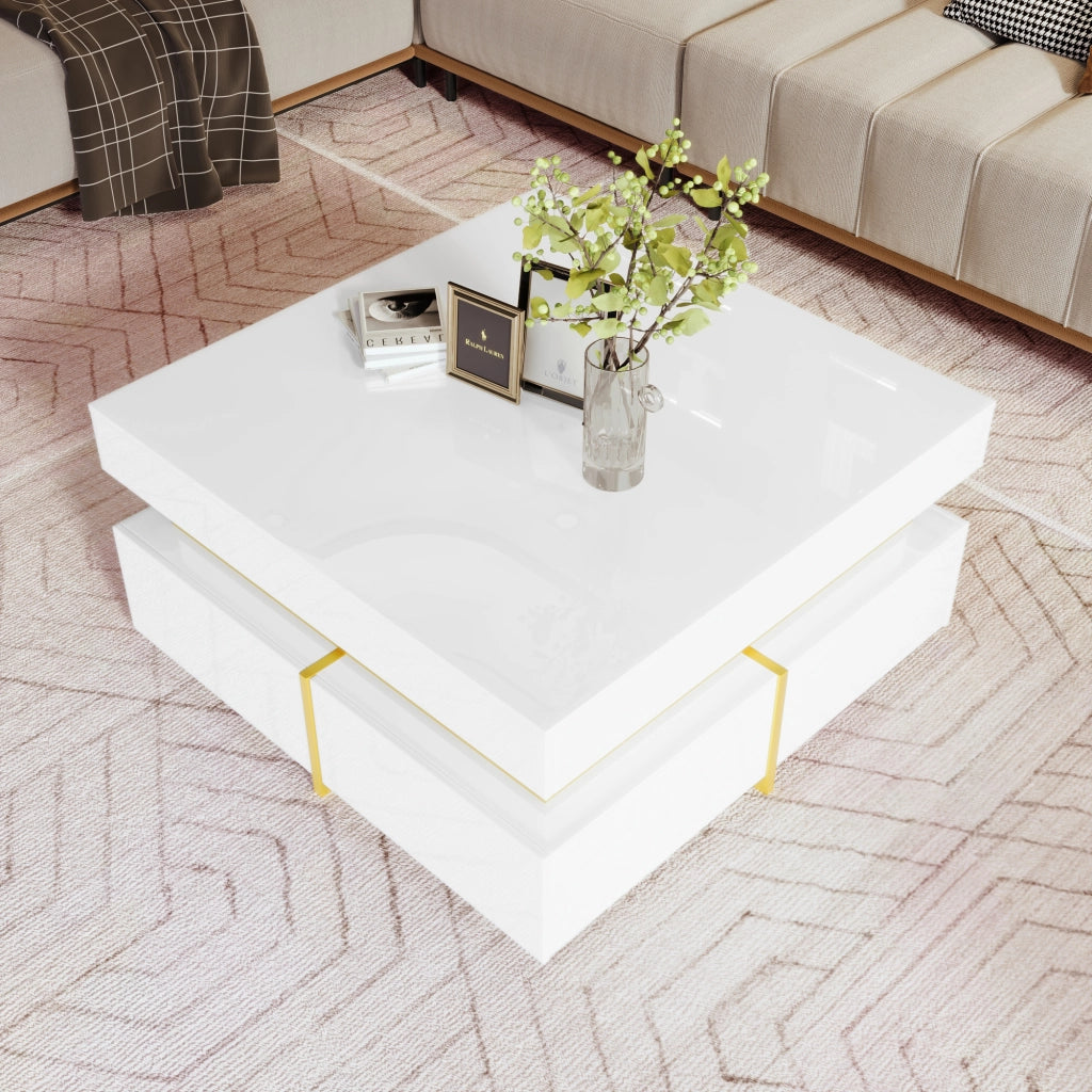 Tavolino da salotto 70 × 70 × 35,5 cm con 2 cassetti in pannello di particelle bianco lucido con dettagli dorati