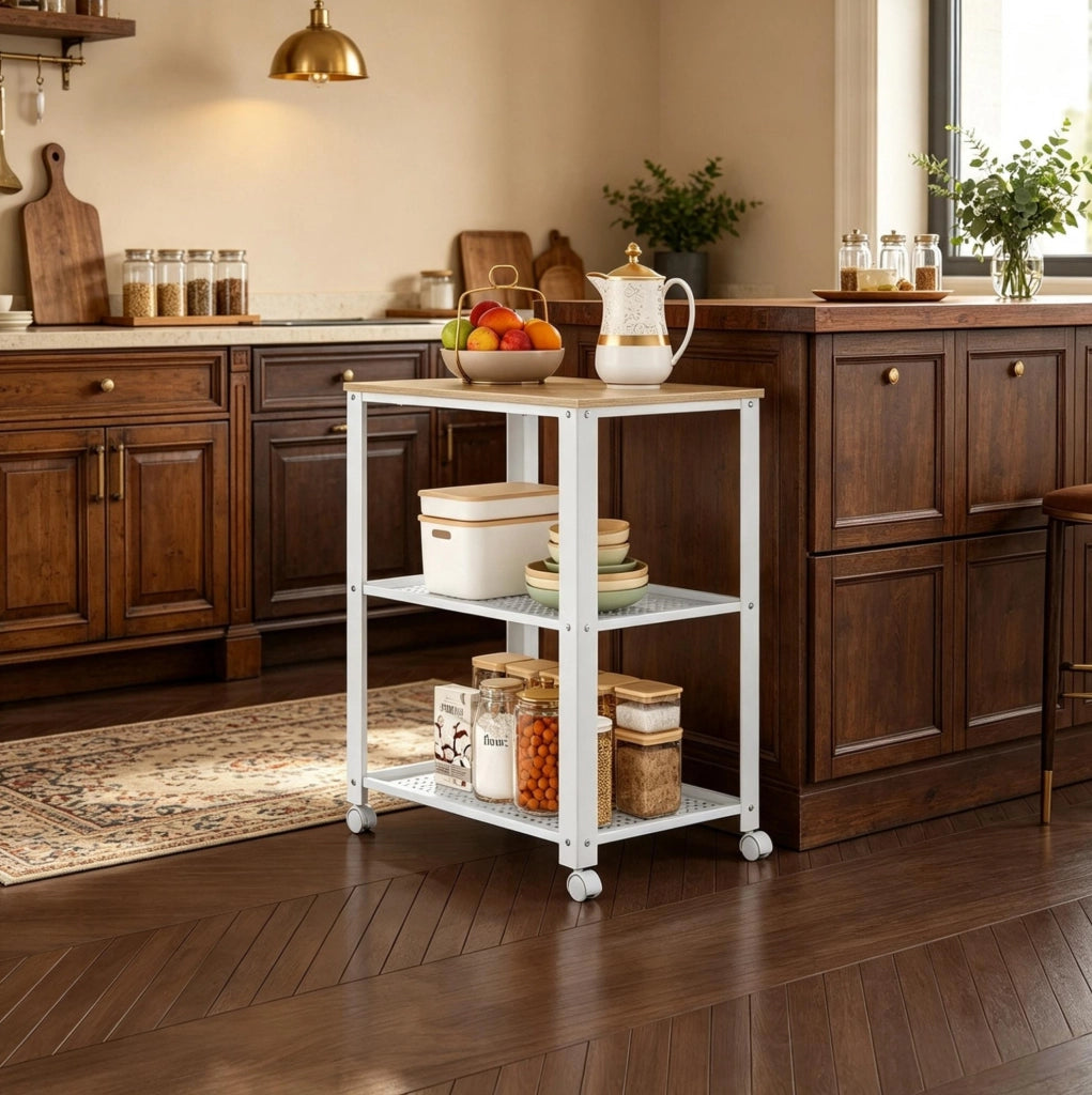 Carrello da cucina salvaspazio con 3 ripiani in truciolato e metallo, 60x40x76 cm, bianco e rovere chiaro