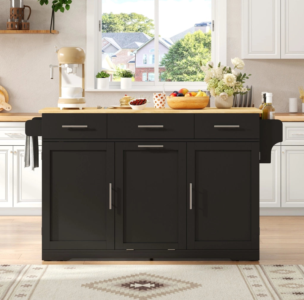 Carrello da cucina con piano ribaltabile, 3 cassetti ampi, 2 scaffali a porta, cassettone per rifiuti, 136 × 50 (75) × 92 cm