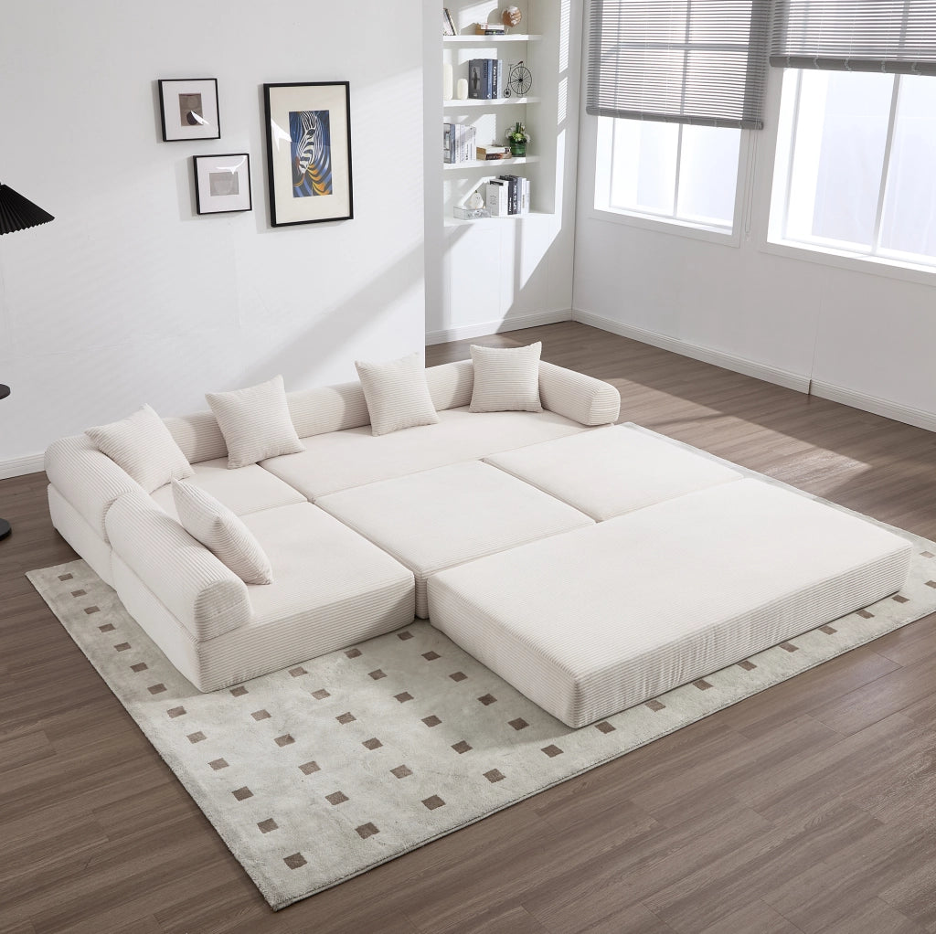 Divano modulare IVMEU 270x180x64 cm trasformabile in divano letto, in velluto a coste beige con tasca laterale