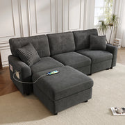 Divano 223x146 cm in ciniglia e velluto a coste grigio con USB e USB-C