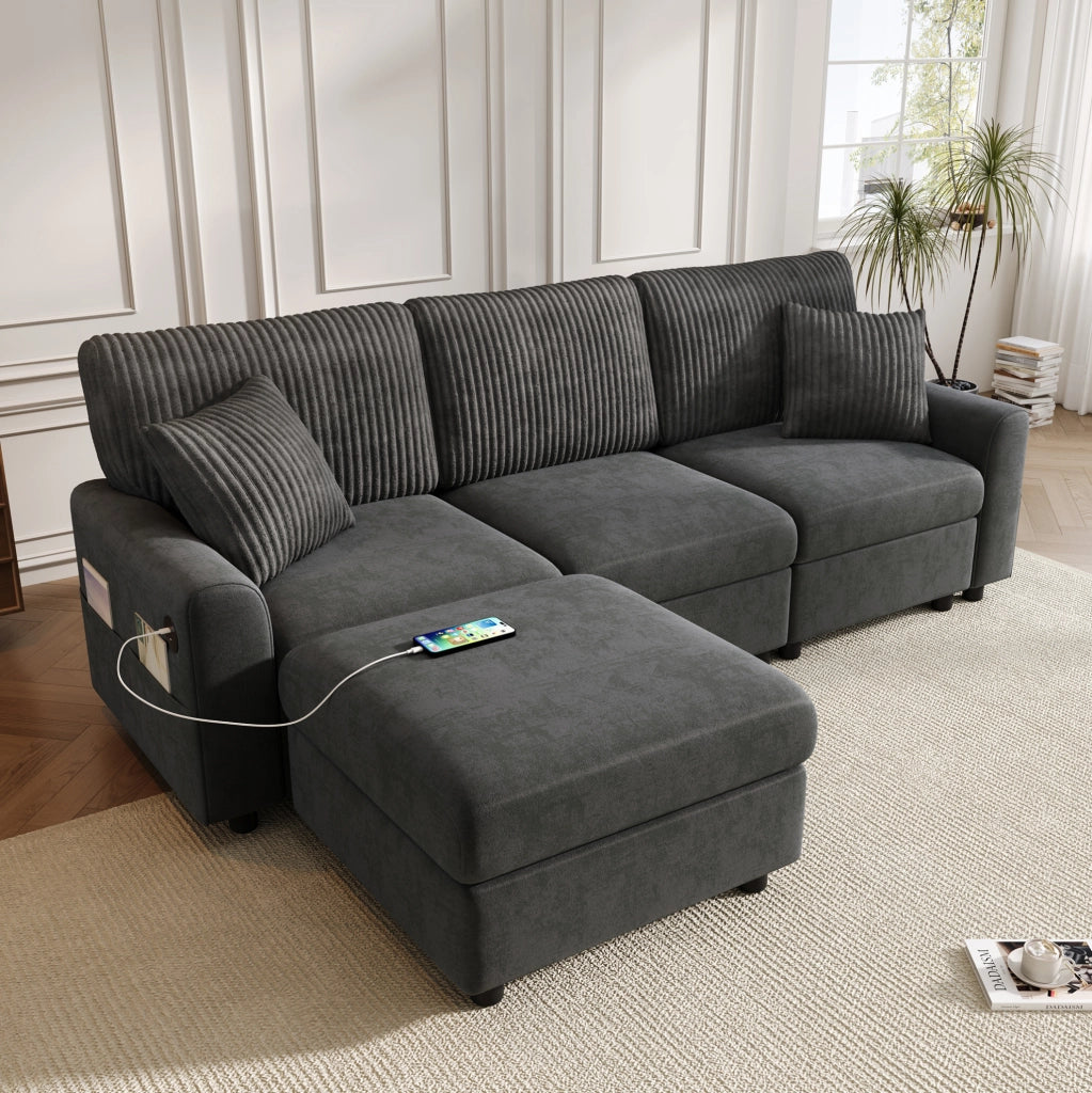 Divano 223x146 cm in ciniglia e velluto a coste grigio con USB e USB-C