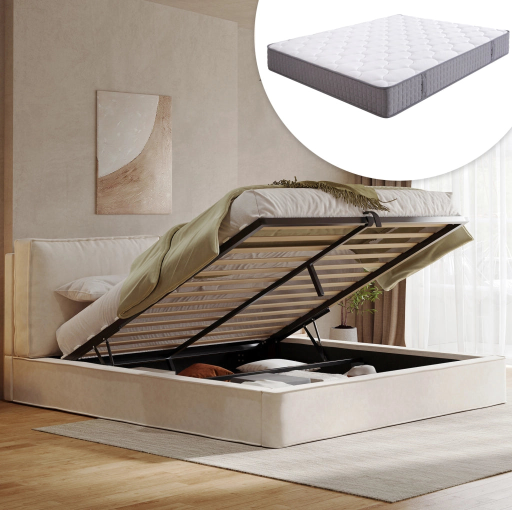 Letto matrimoniale con contenitore idraulico; testiera imbottita in ciniglia beige; 231 × 194 × 105 cm