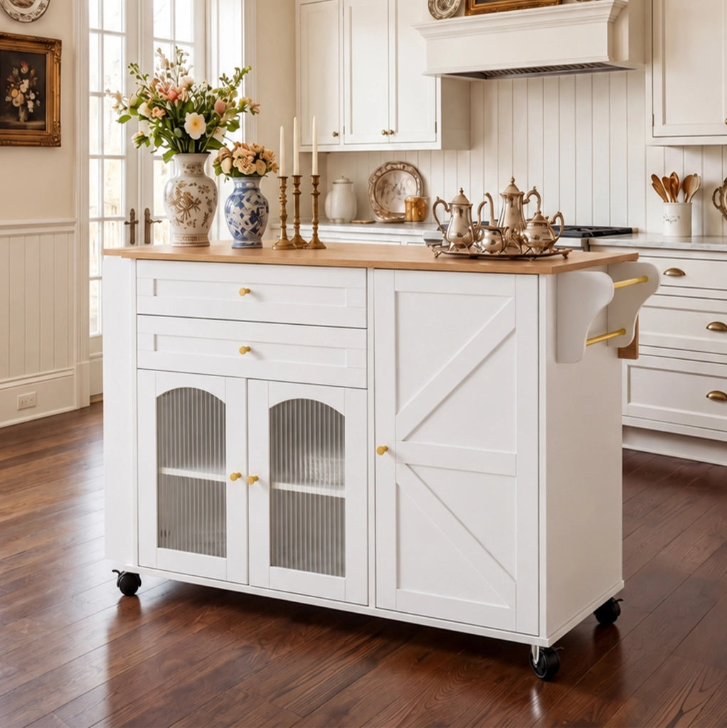 Isola da cucina mobile 110 cm con piano lavoro ribaltabile, carrello su ruote con 2 cassetti, ante in vetro e ripiani laterali, bianco e naturale