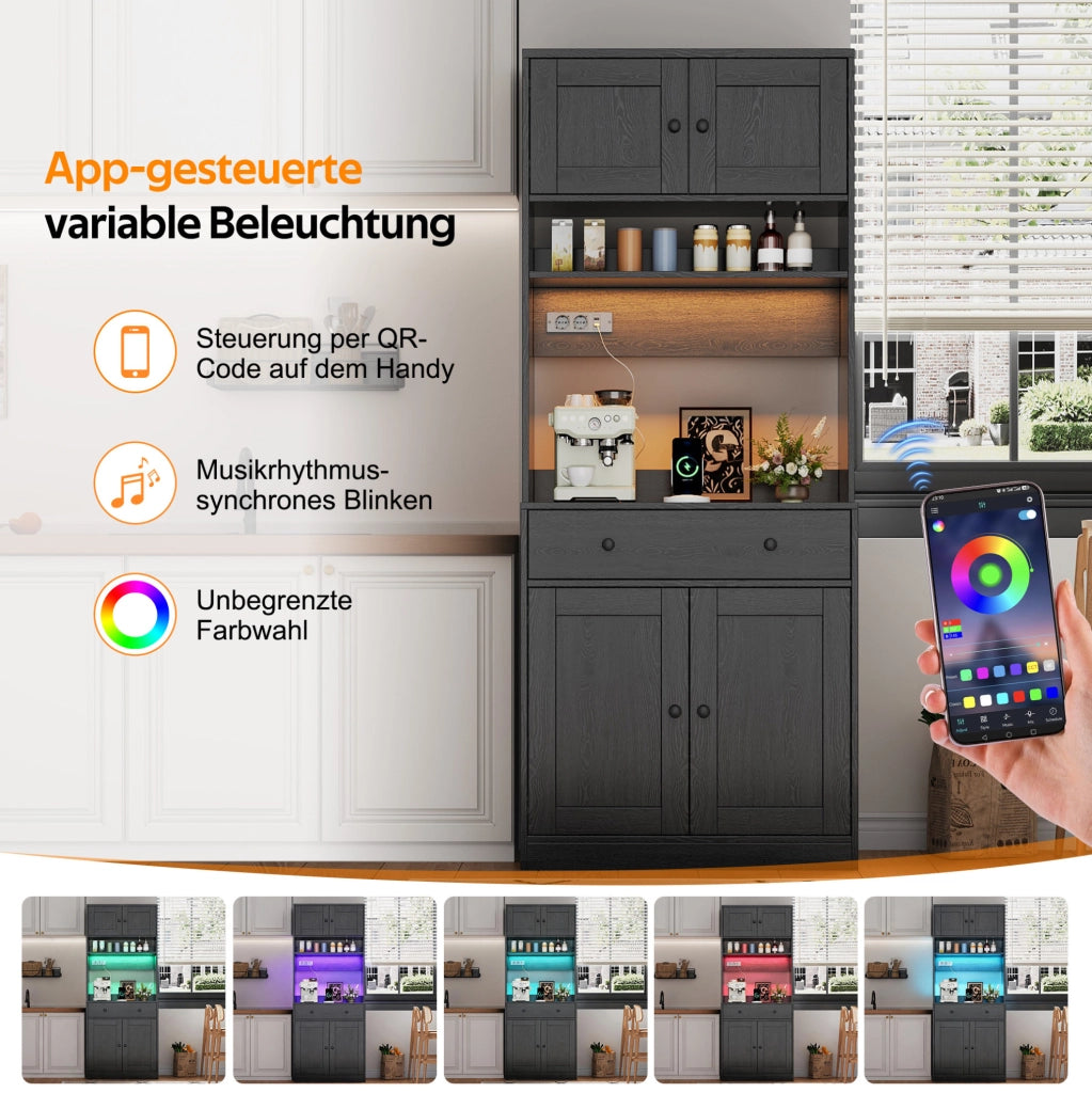 Mobile alto da cucina nero 72 × 40 × 180 cm con LED e prese USB