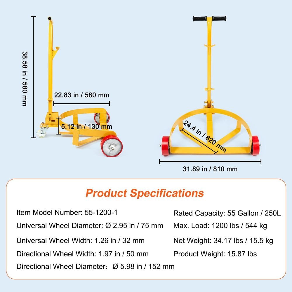 Carrello per Trasporto Fusti e Carichi Pesanti in Acciaio Q235 Giallo Portata Max 544 kg 250 L con Ruote e Maniglia per Officina Giardino