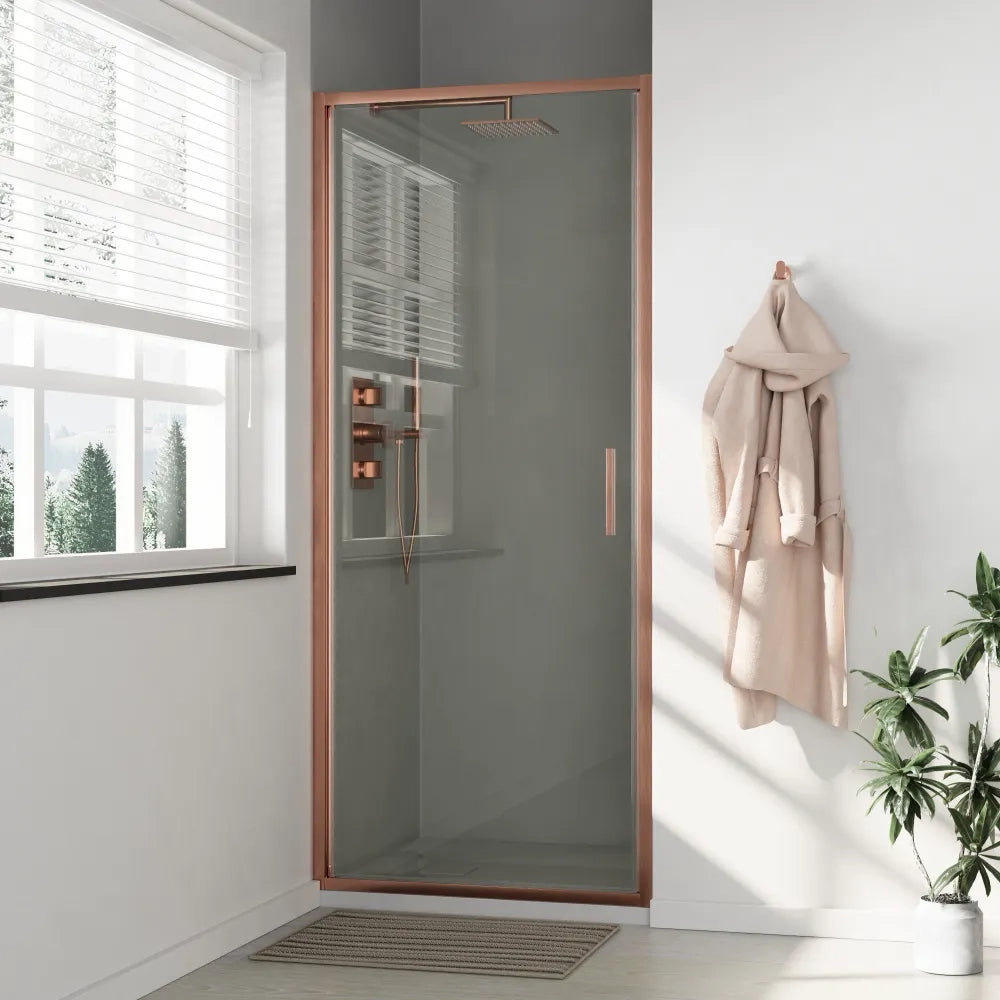 Porta doccia 90cm con apertura a battente profili slim rame spazzolato vetro 6mm trasparente anticalcare h190 | Portofino