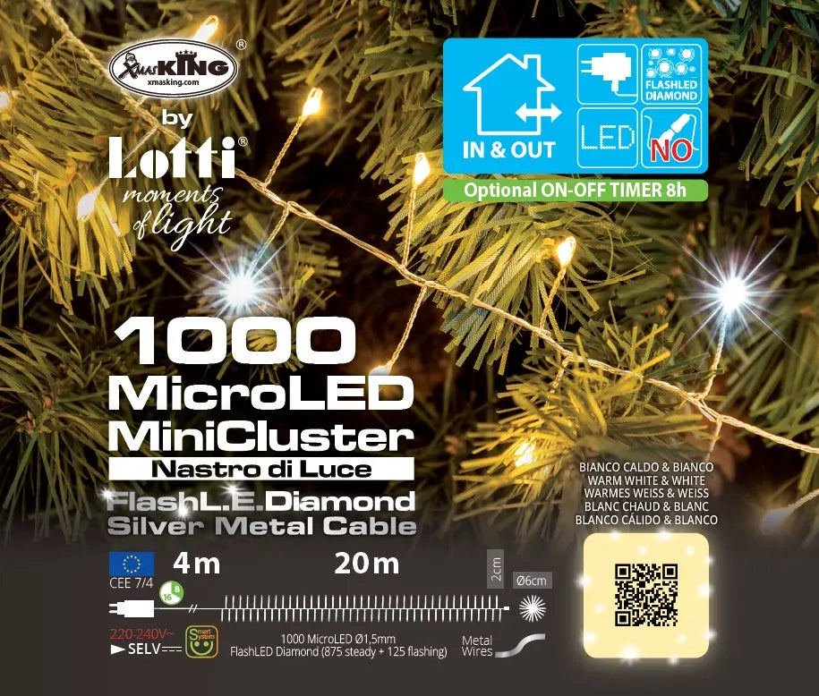 Nastro MiniCluster 20 m 1000 MicroLED B Caldo Bianco FlashLED timer