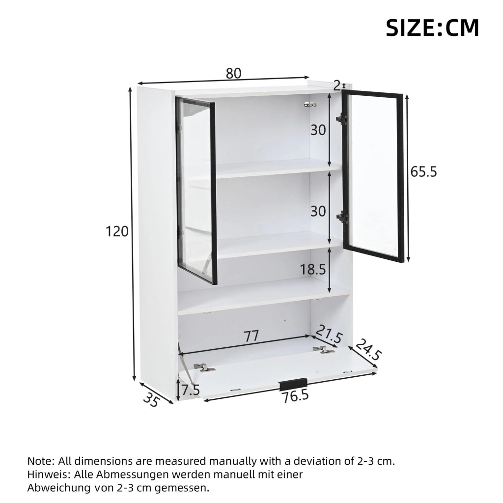 Vetrina con illuminazione LED 80x35x120 cm; ante in vetro e vano ribaltabile; truciolato bianco opaco