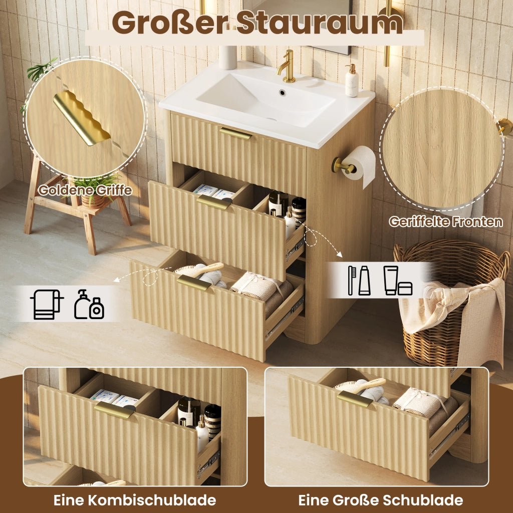 Mobile bagno 61 × 47 × 82 cm con lavabo in ceramica due cassetti portacarta reversibile finitura legno naturale
