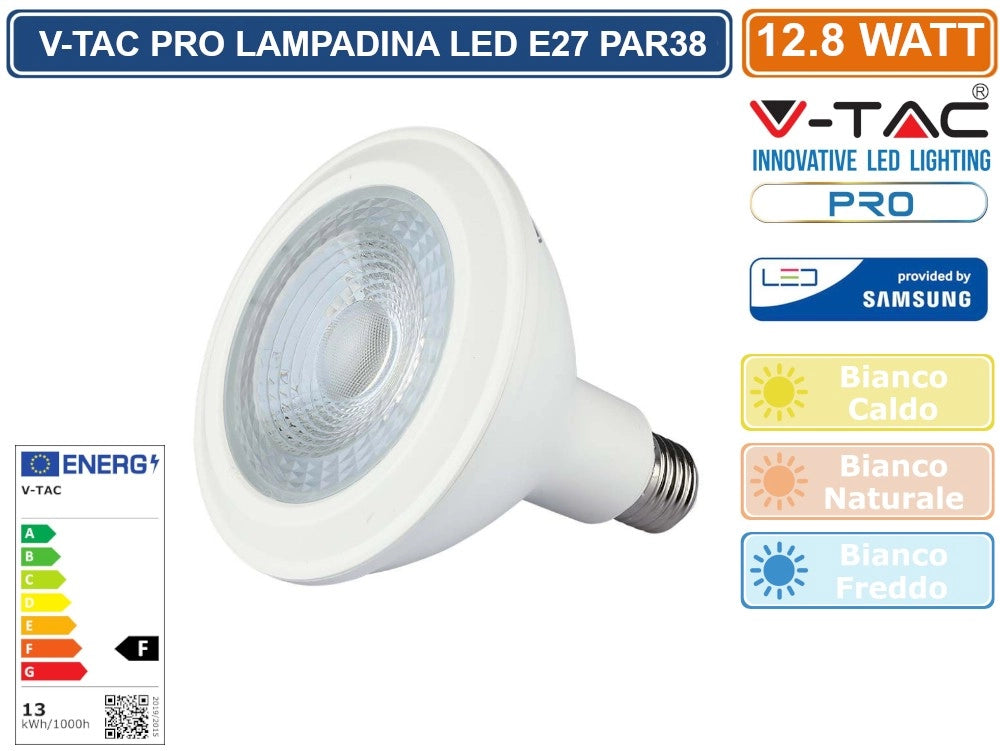 V-TAC PRO VT-238 LAMPADINA LED E27 12,8W BULB PAR LAMP PAR38 CHIP SAMSUNG - Colore Luce:Bianco Caldo
