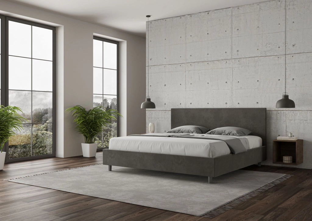 Letto Matrimoniale King Size in Microfibra 180x190 Con Rete Adele Grigio