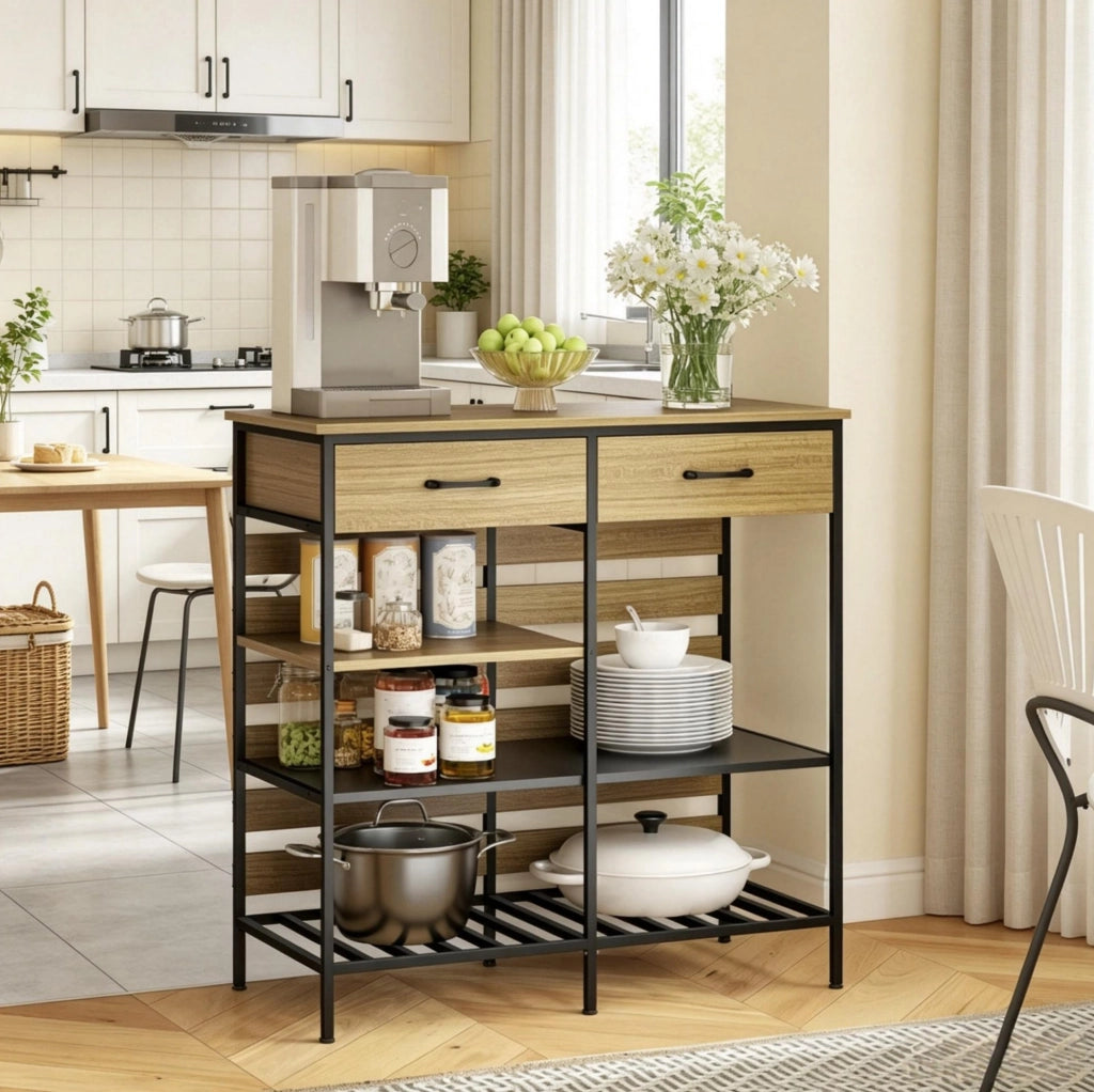 Buffet da Cucina in Particelle di Legno con Telaio in Acciaio, 2 Cassetti e 3 Ripiani Aperto, 90x40x91 cm, Naturale e Nero