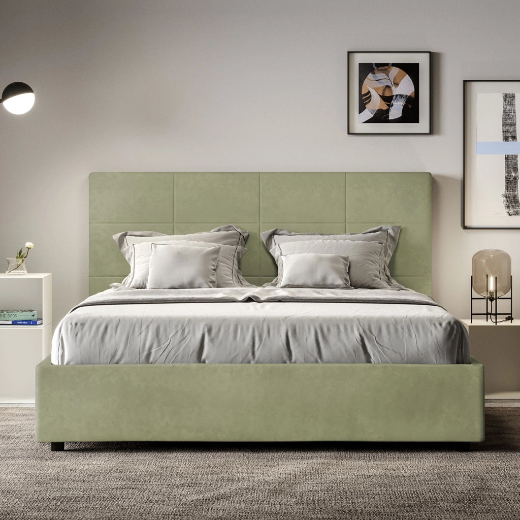 Letto una Piazza e Mezza Imbottito in Microfibra 130x200 Con Rete e Contenitore Mika Tè verde