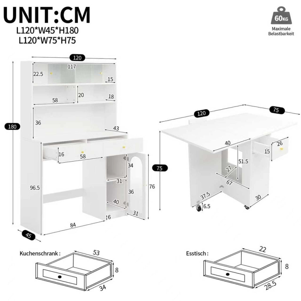 Set mobile cucina con tavolo pieghevole in MDF bianco