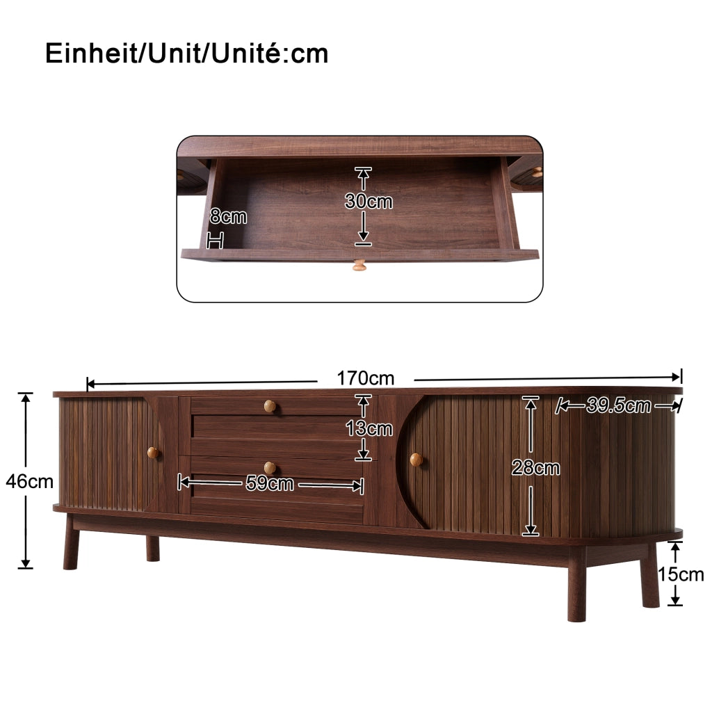 Mobile TV 170 × 39,5 × 46 cm con ante scorrevoli cassetti maniglie in metallo gambe in legno MDF color noce