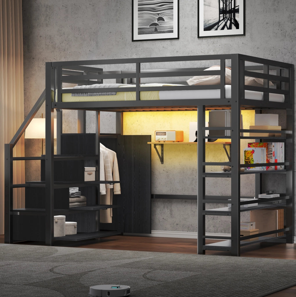Letto a castello con scala e armadio, mensole a 4 livelli e illuminazione LED controllabile via app