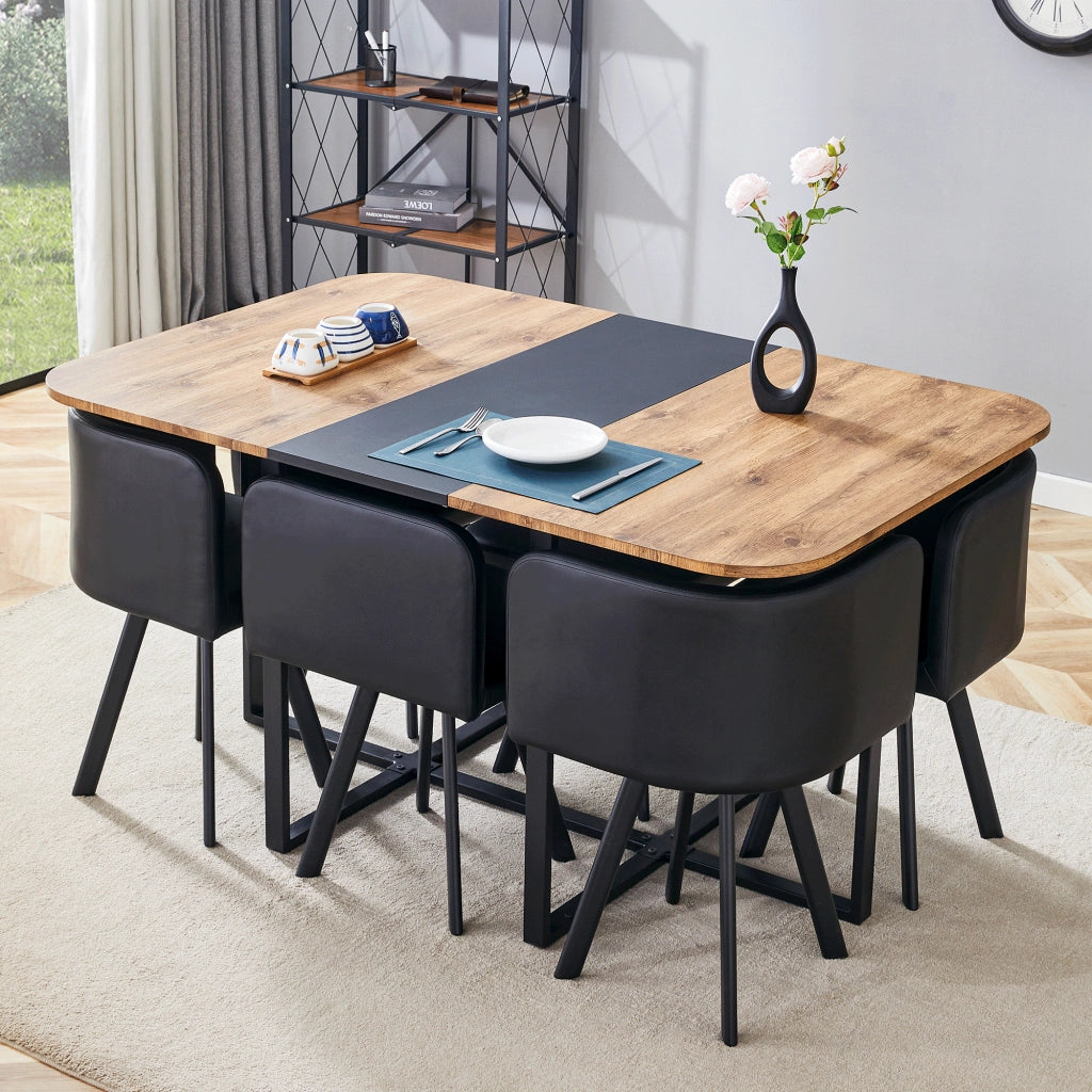 Set da pranzo allungabile in MDF metallo e PU nero e naturale
