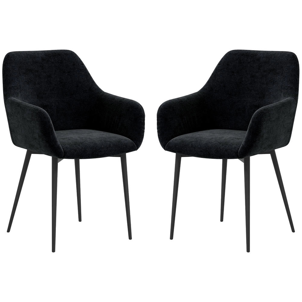Set 2 Sedie da Pranzo con Braccioli Moderne Poltroncine Imbottite Tessuto Effetto Velluto Gambe in Acciaio per Soggiorno 54x57x80cm Nero