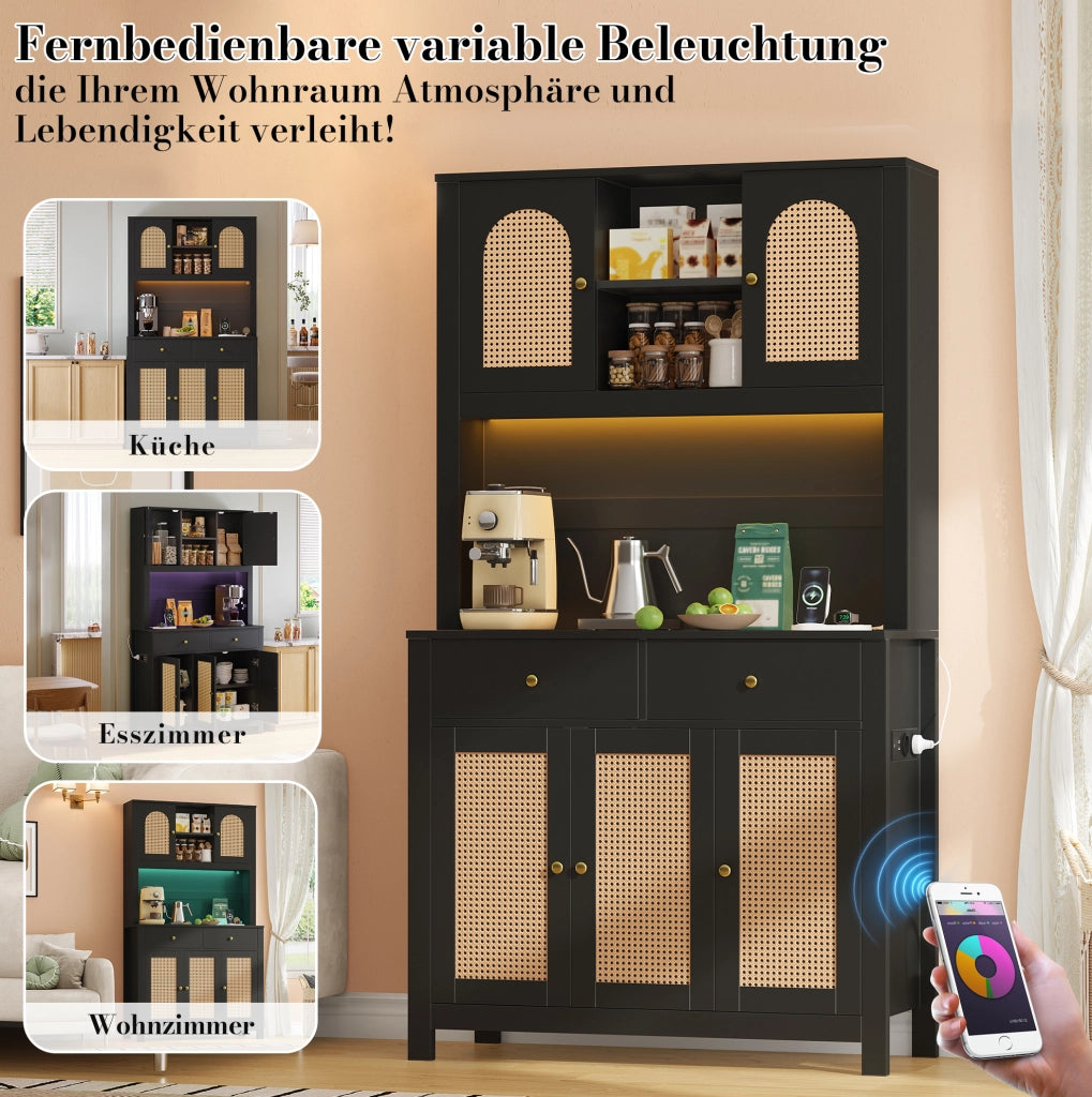 Mobile alto da cucina nero in MDF con LED RGB e prese, 100x40x180 cm