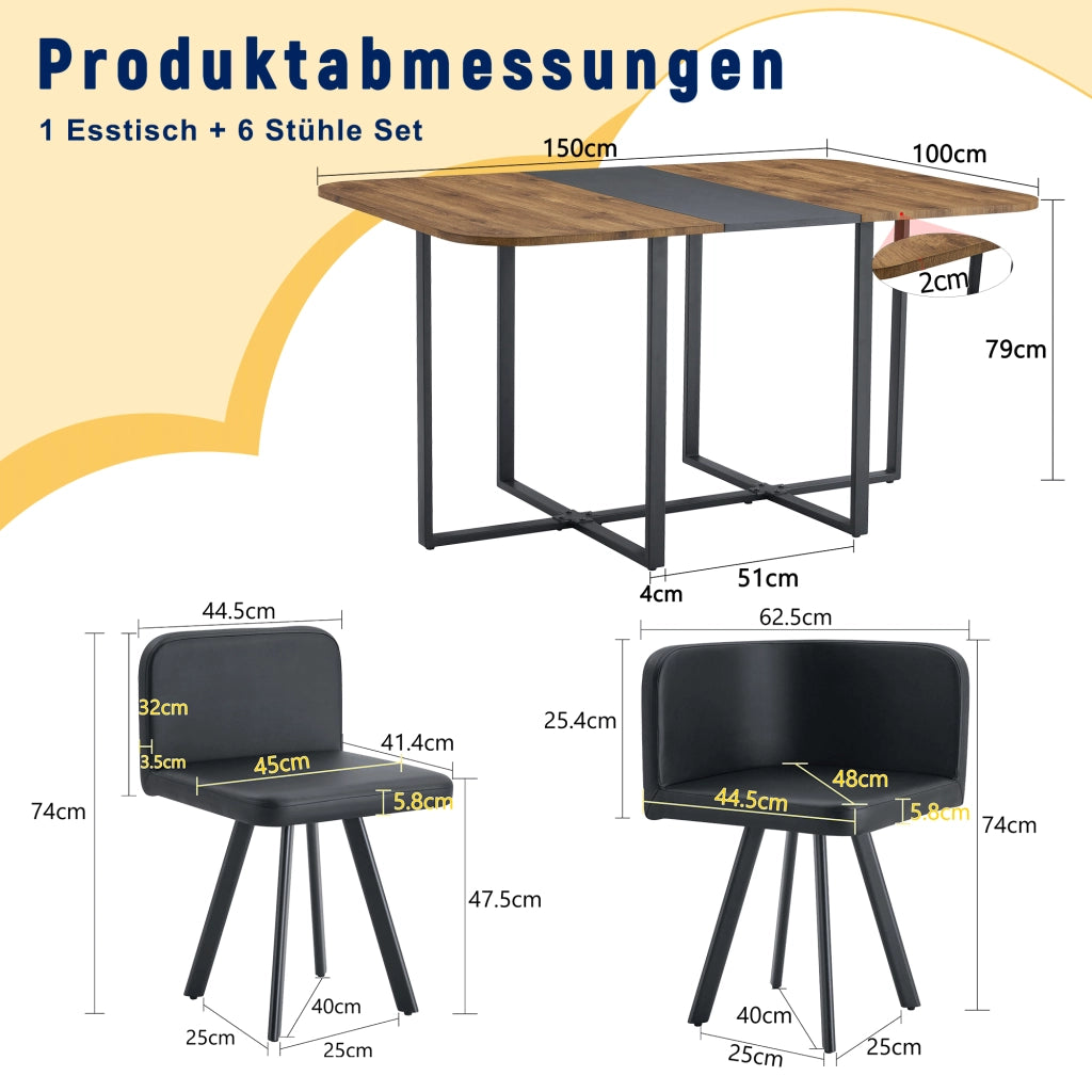 Set da pranzo allungabile in MDF metallo e PU nero e naturale